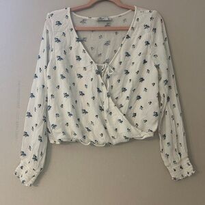 Hollister White and Blue Floral Wrap Blouse